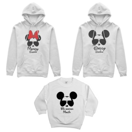 Tris felpe adulti bambino personalizzato con nome daddy mickey mommy minnie little brother mickey Per la famiglia