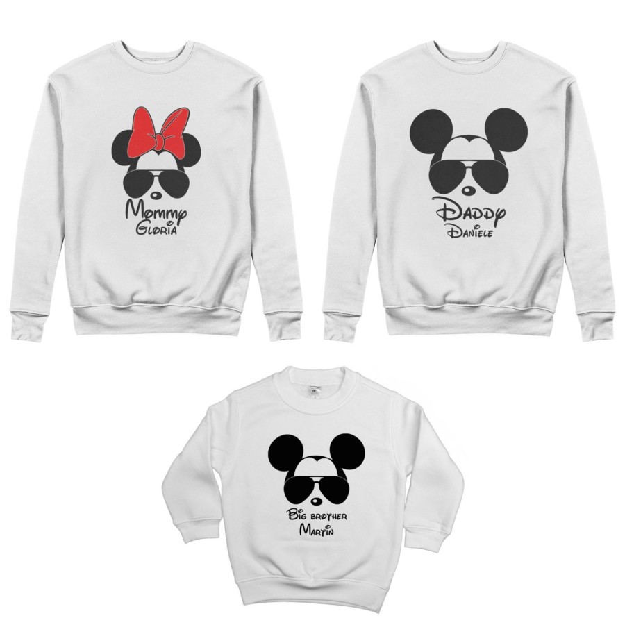 Tris felpe adulti bambino personalizzato con nome daddy mickey mommy minnie little brother mickey Per la famiglia