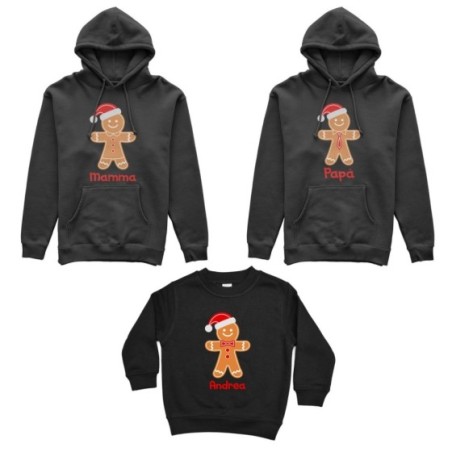 Tris felpe per la famiglia personalizzabile con nome omini di pan di zenzero Natale
