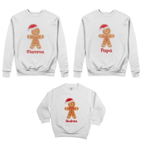 Tris felpe per la famiglia personalizzabile con nome omini di pan di zenzero Natale