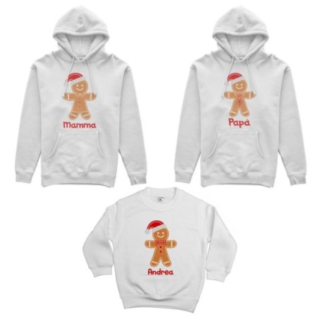 Tris felpe per la famiglia personalizzabile con nome omini di pan di zenzero Natale