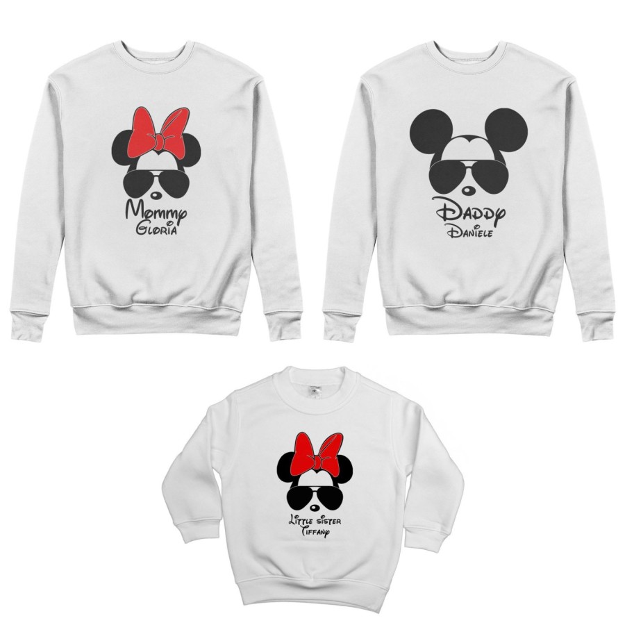 Tris felpe adulti bambino personalizzato con nome daddy mickey mommy minnie little sister minnie Per la famiglia