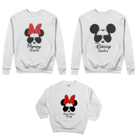 Tris felpe adulti bambino personalizzato con nome daddy mickey mommy minnie little sister minnie Per la famiglia