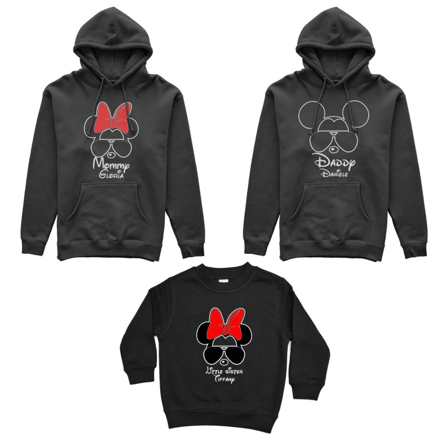 Tris felpe adulti bambino personalizzato con nome daddy mickey mommy minnie little sister minnie Per la famiglia