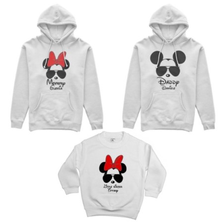 Tris felpe adulti bambino personalizzato con nome daddy mickey mommy minnie little sister minnie Per la famiglia