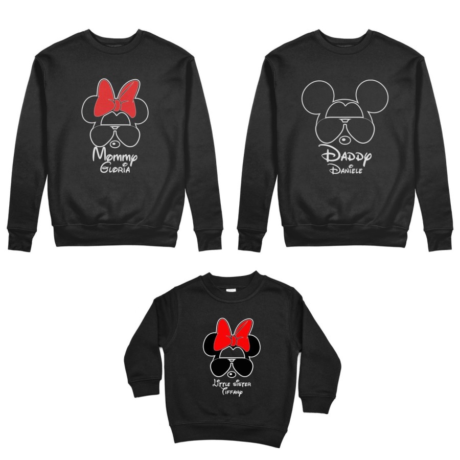 Tris felpe adulti bambino personalizzato con nome daddy mickey mommy minnie little sister minnie Per la famiglia