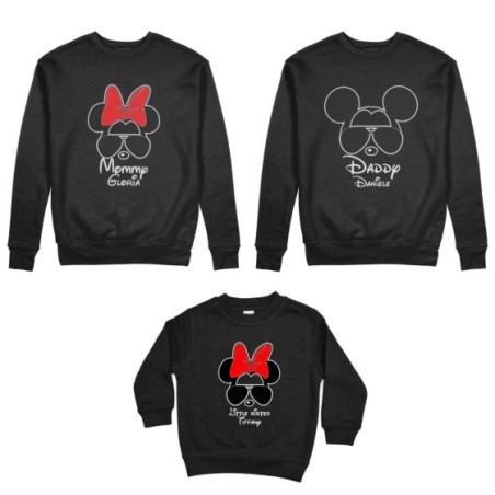Tris felpe adulti bambino personalizzato con nome daddy mickey mommy minnie little sister minnie Per la famiglia