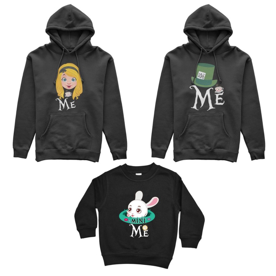 Tris felpe adulti bambino me cappellaio matto me alice mini bianconiglio Per la famiglia