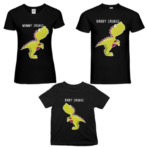 Tris t-shirt adulti bambino daddy saurus mommy saurus baby saurus Per la famiglia