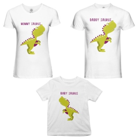Tris t-shirt adulti bambino daddy saurus mommy saurus baby saurus Per la famiglia