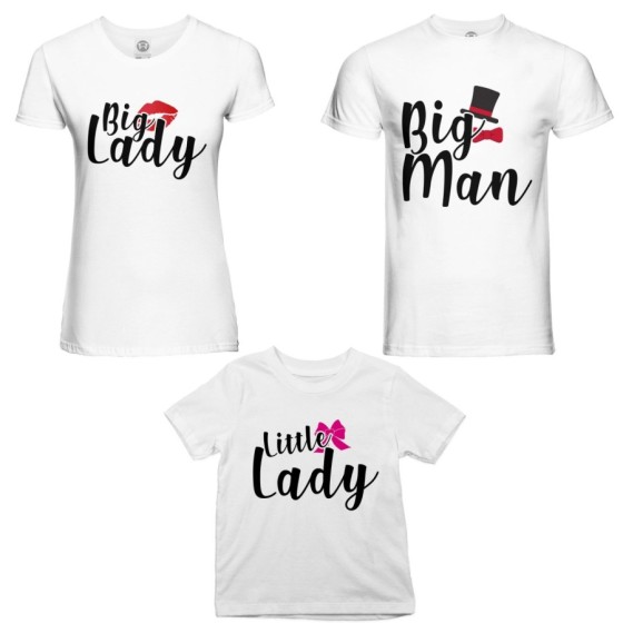 Tris t-shirt adulti bambino big man big lady little boy little lady Per la famiglia