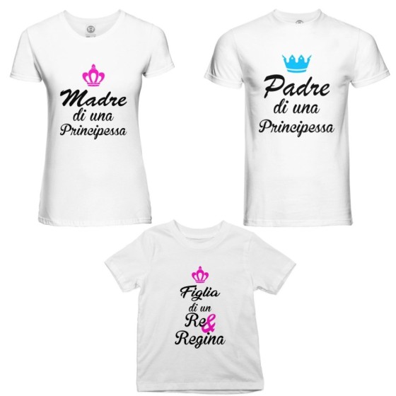 Tris t-shirt adulti bambino padre madre di un principe principessa figlio figlia di un re regina con corona azzurra fucsia Per l