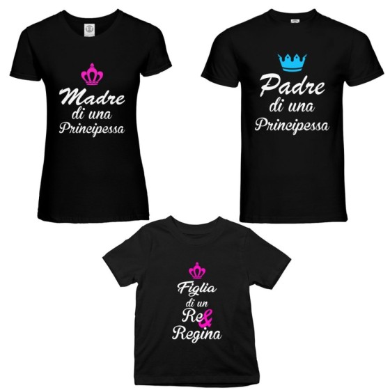 Tris t-shirt adulti bambino padre madre di un principe principessa figlio figlia di un re regina con corona azzurra fucsia Per l 2
