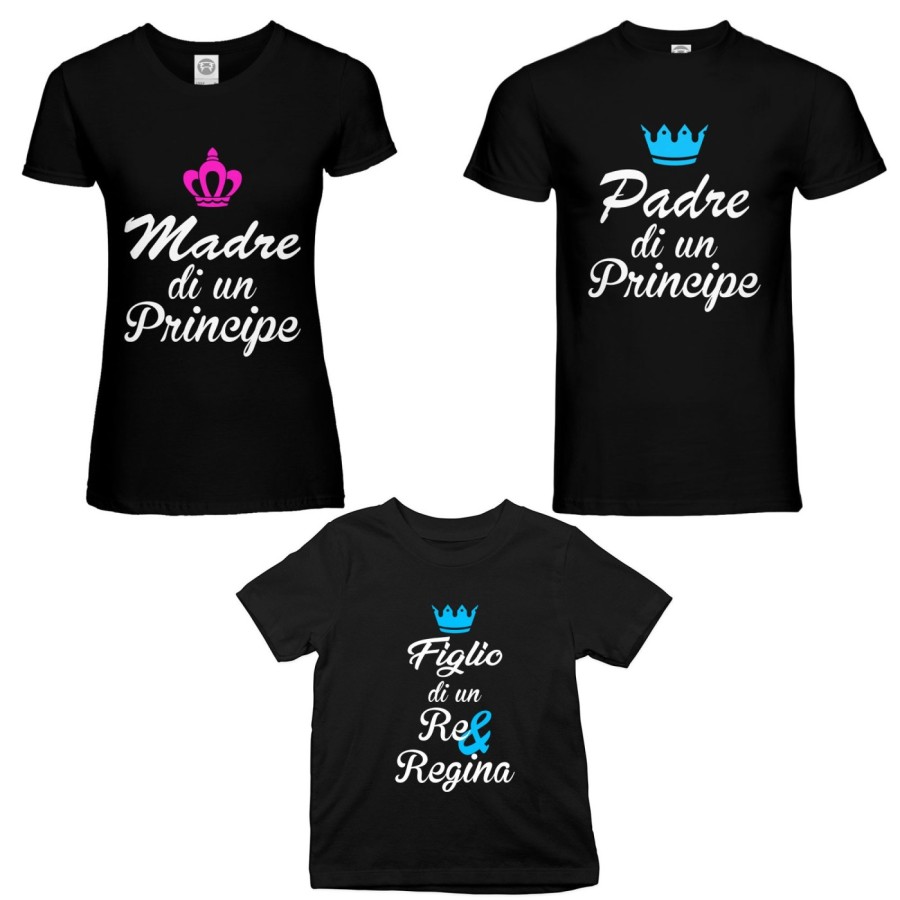Tris t-shirt adulti bambino padre madre di un principe principessa figlio figlia di un re regina con corona azzurra fucsia Per l
