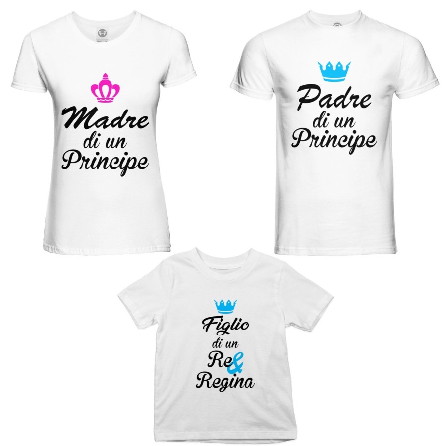 Tris t-shirt adulti bambino padre madre di un principe principessa figlio figlia di un re regina con corona azzurra fucsia Per l
