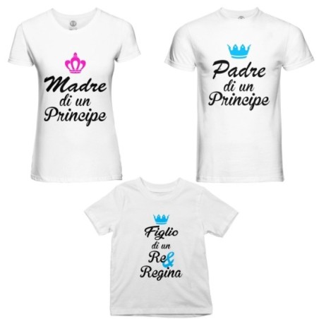 Tris t-shirt adulti bambino padre madre di un principe principessa figlio figlia di un re regina con corona azzurra fucsia Per l