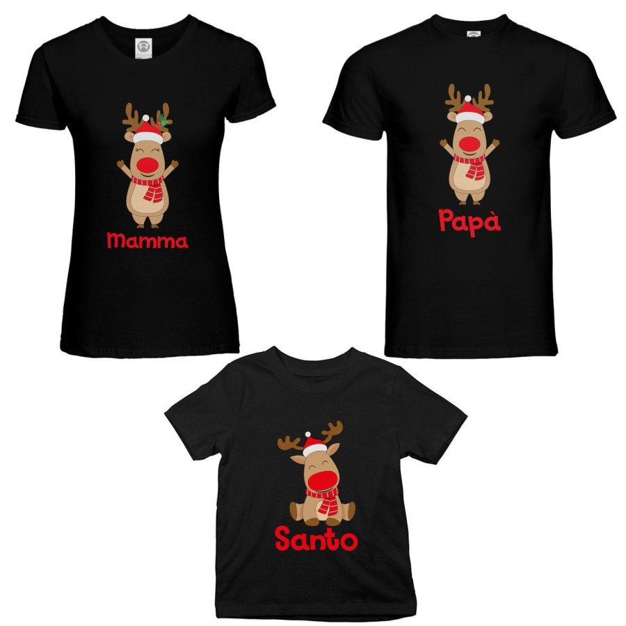Tris t-shirt per la famiglia personalizzabile con nome rudolph family Natale