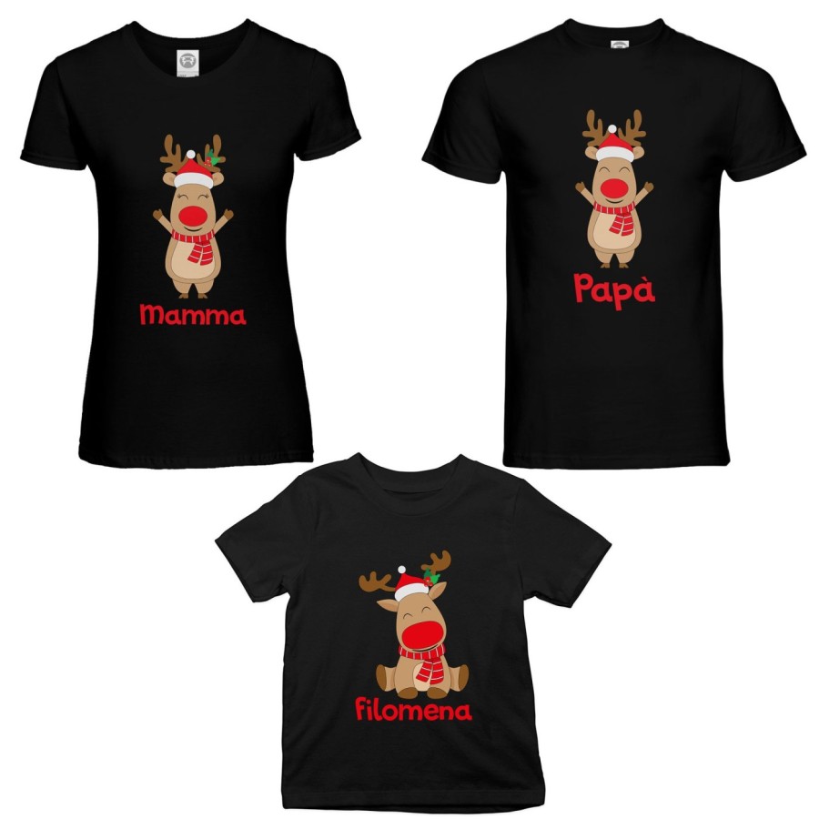 Tris t-shirt per la famiglia personalizzabile con nome rudolph family Natale
