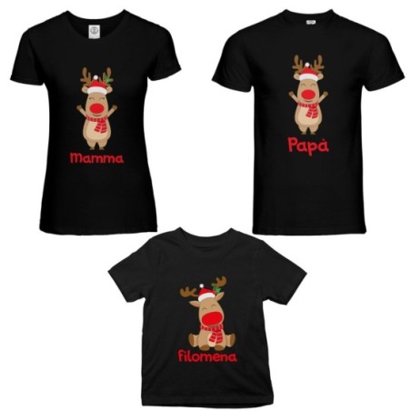Tris t-shirt per la famiglia personalizzabile con nome rudolph family Natale