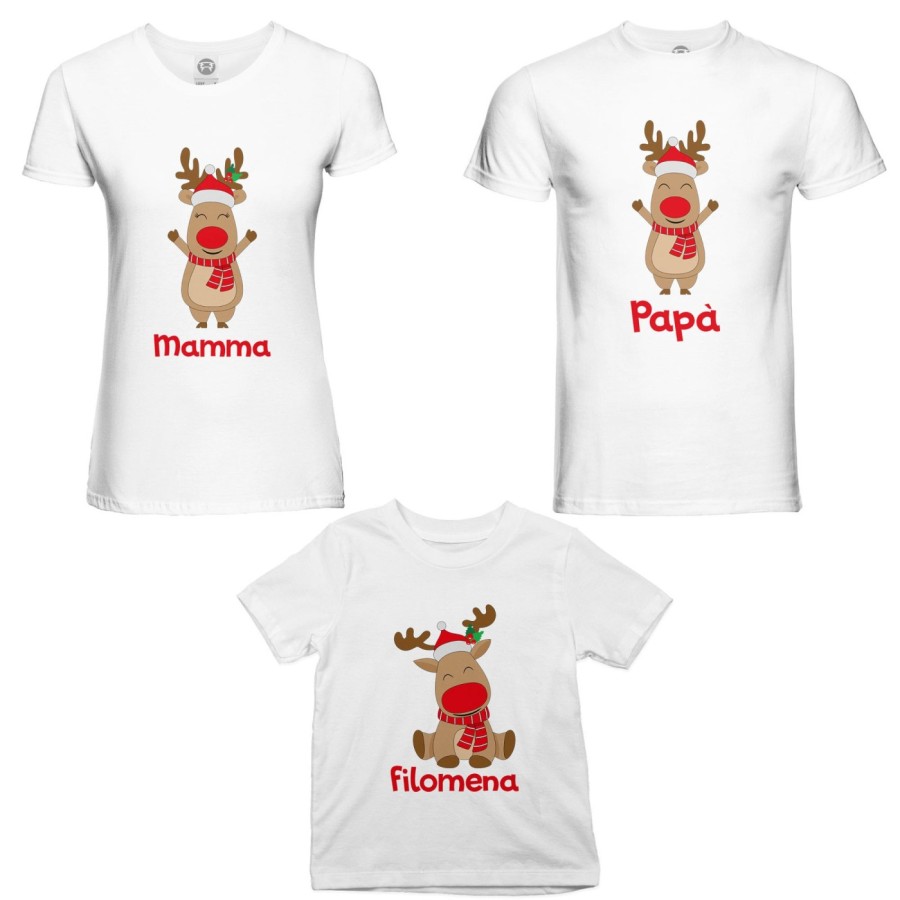 Tris t-shirt per la famiglia personalizzabile con nome rudolph family Natale