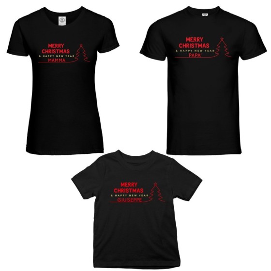 Tris t-shirt per la famiglia personalizzato con nome merry christmas and happy new year Natale