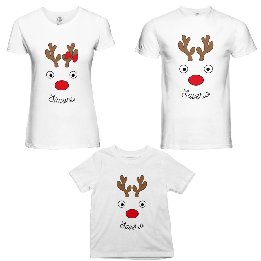 Tris t-shirt per la famiglia personalizzabile con nomi renne natalizie Natale