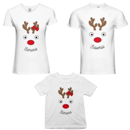 Tris t-shirt per la famiglia personalizzabile con nomi renne natalizie Natale