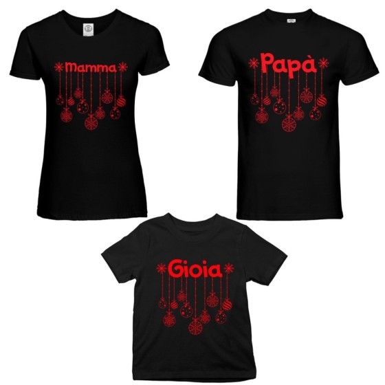 Tris t-shirt per la famiglia personalizzato con nome e addobbi natalizi Natale