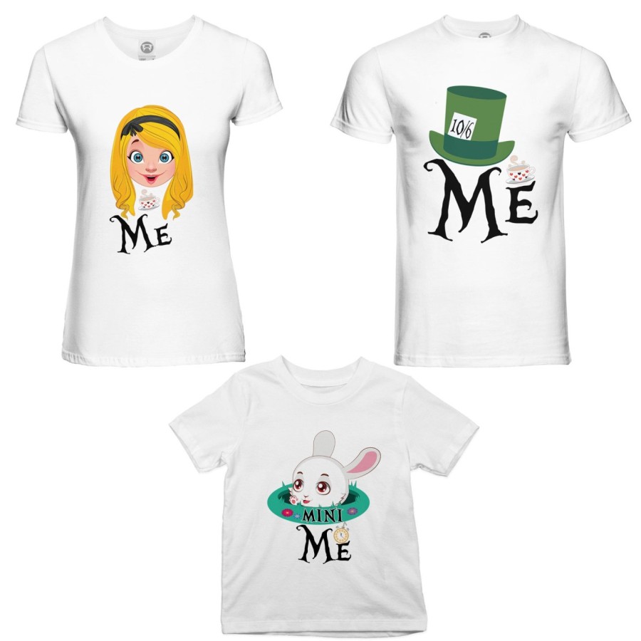 Tris t-shirt adulti bambino me cappellaio matto me alice mini bianconiglio Per la famiglia