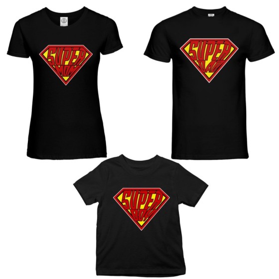 Tris t-shirt adulti bambino super dad super mom super boy super girl Per la famiglia
