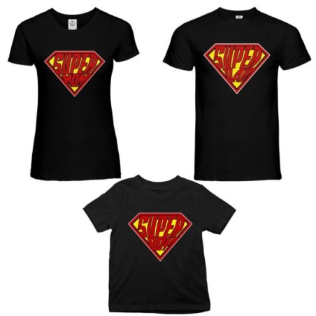 Tris t-shirt adulti bambino super dad super mom super boy...
