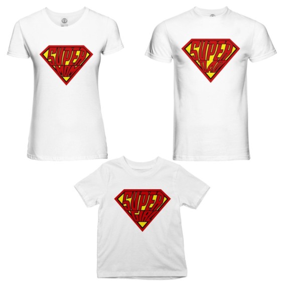 Tris t-shirt adulti bambino super dad super mom super boy super girl Per la famiglia 2