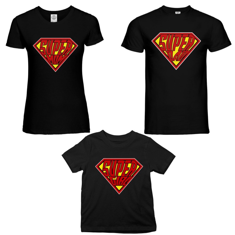 Tris t-shirt adulti bambino super dad super mom super boy super girl Per la famiglia