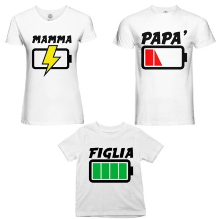 Tris t-shirt adulti bambino papà batteria scarica mamma in carica figlia figlio carichissimi! Per la famiglia