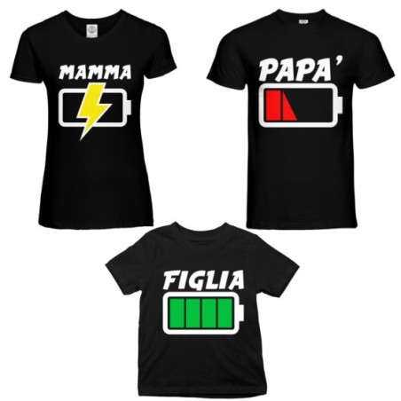 Tris t-shirt adulti bambino papà batteria scarica mamma in carica figlia figlio carichissimi! Per la famiglia