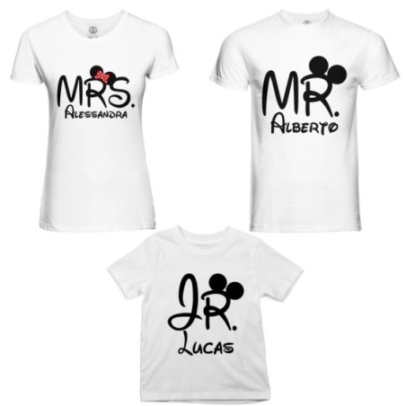 Tris t-shirt adulti bambino personalizzabile con nomi mr mrs e jr Per la famiglia