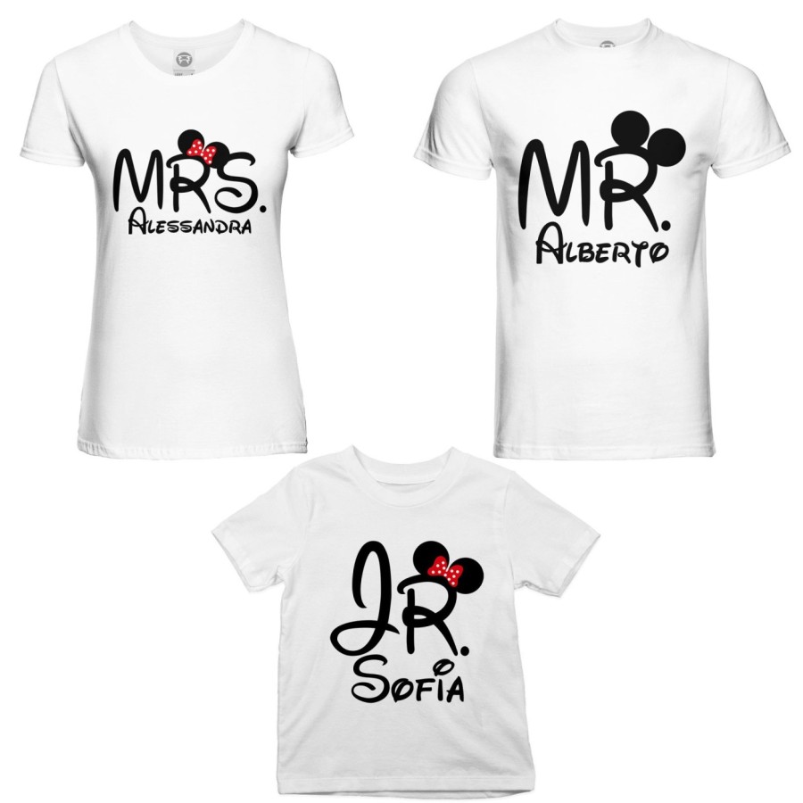 Tris t-shirt adulti bambino personalizzabile con nomi mr mrs e jr Per la famiglia