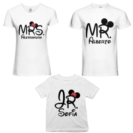 Tris t-shirt adulti bambino personalizzabile con nomi mr mrs e jr Per la famiglia