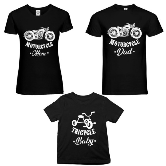 Tris t-shirt adulti bambino motorcycle dad motorcycle mom tricycle baby Per la famiglia 2