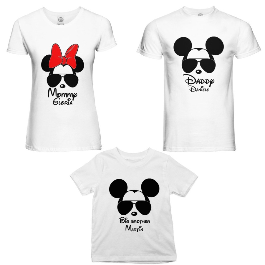 Tris t-shirt adulti bambino personalizzato con nome daddy mickey mommy minnie little brother mickey Per la famiglia