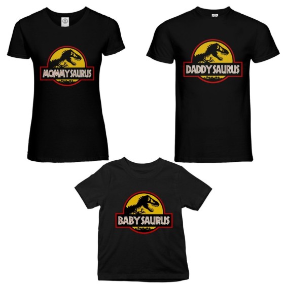 Tris t-shirt adulti bambino daddy saurus mommy saurus baby saurus jurassic Per la famiglia