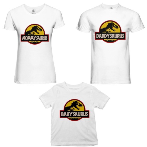 Tris t-shirt adulti bambino daddy saurus mommy saurus baby saurus jurassic Per la famiglia 2