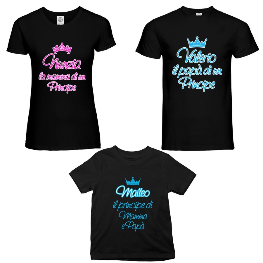 Tris t-shirt adulti bambino personalizzato con nomi papà  mamma di un principe di una principessa Per la famiglia
