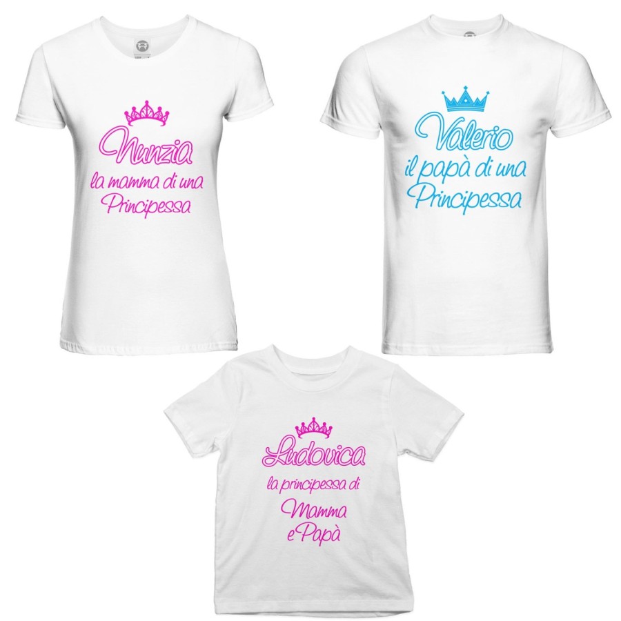 Tris t-shirt adulti bambino personalizzato con nomi papà  mamma di un principe di una principessa Per la famiglia