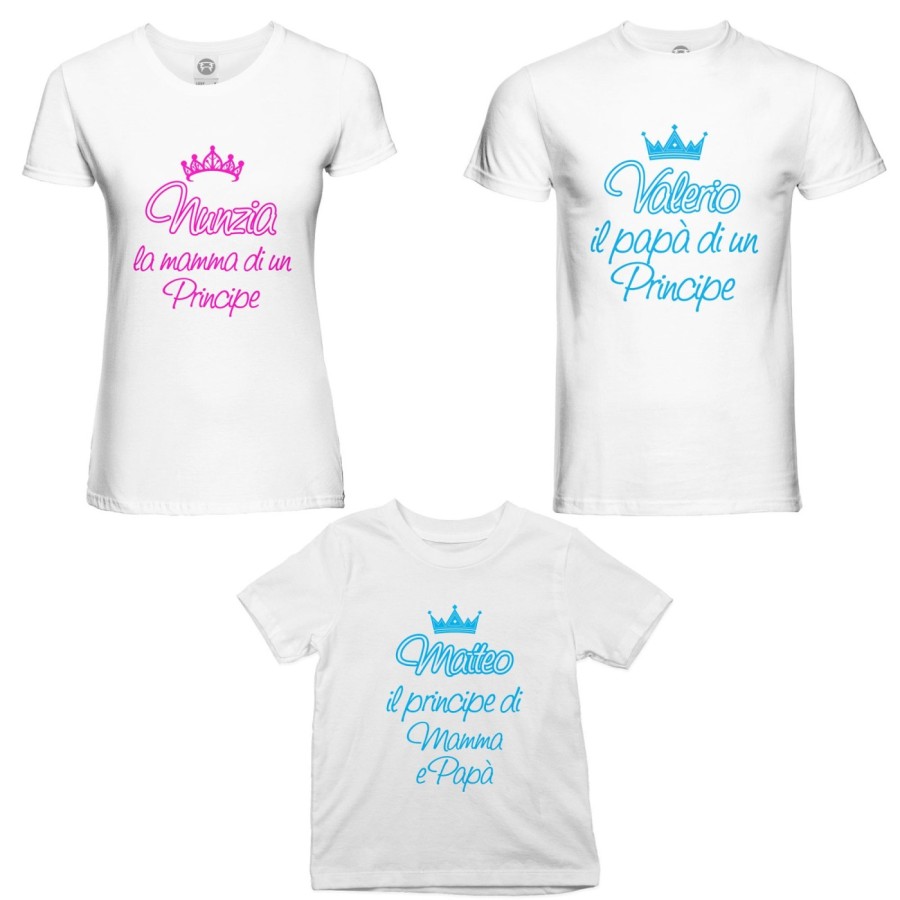 Tris t-shirt adulti bambino personalizzato con nomi papà  mamma di un principe di una principessa Per la famiglia