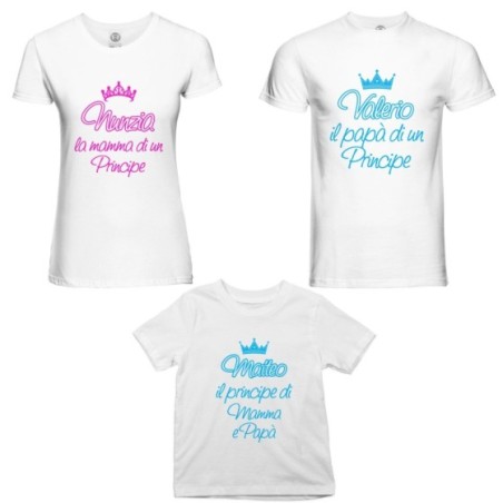 Tris t-shirt adulti bambino personalizzato con nomi papà  mamma di un principe di una principessa Per la famiglia