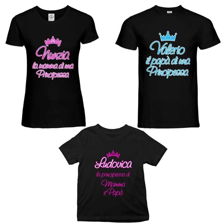 Tris t-shirt adulti bambino personalizzato con nomi papà  mamma di un principe di una principessa Per la famiglia