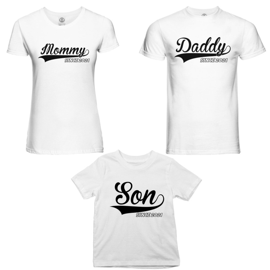 Tris t-shirt adulti bambino personalizzato con anno daddy since mommy since son daughter since Per la famiglia