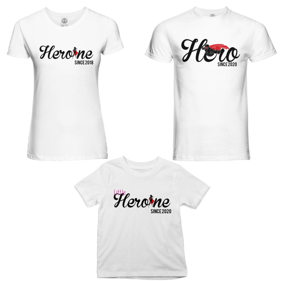 Tris t-shirt adulti bambino personalizzato con anno hero since heroine since little heroine since Per la famiglia