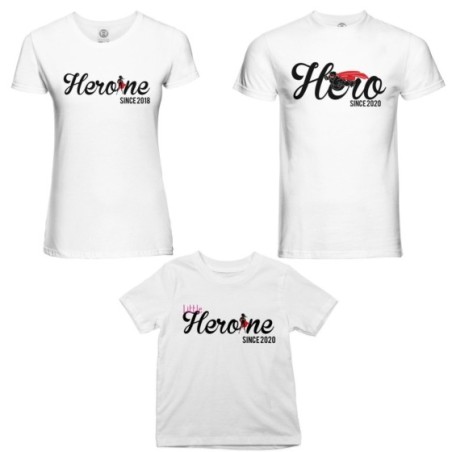 Tris t-shirt adulti bambino personalizzato con anno hero...